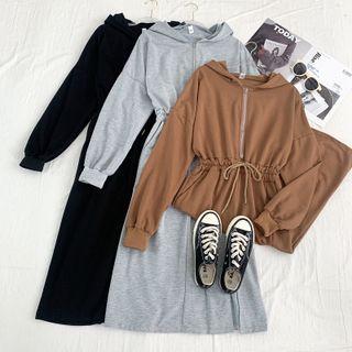 Half-zipper Side-slit Hooded Mini Dress In 5 Colors