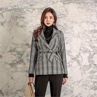 One-button Plaid Wool Blend Blazer With Sash
