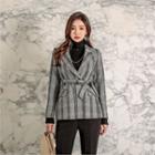 One-button Plaid Wool Blend Blazer With Sash