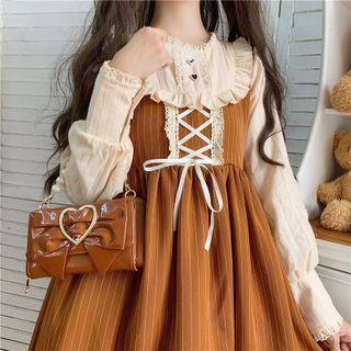 Long-sleeve Lace Panel Frill Trim Striped A-line Dress
