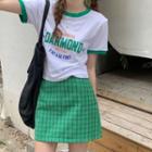 Short-sleeve Lettering Ringer T-shirt / Plaid Midi A-line Skirt