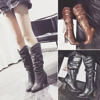 Ruched Block Heel Knee-high Boots