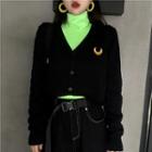 Long-sleeve Turtleneck Top / Crescent Embroidered Crop Cardigan