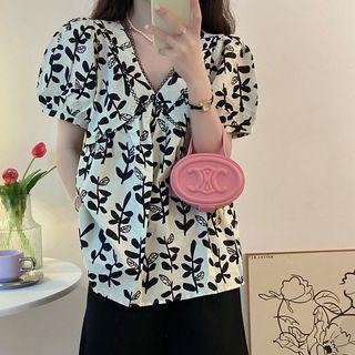 Puff-sleeve Floral Print V-neck Top Floral - One Size