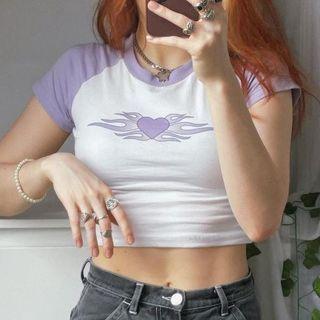 Short-sleeve Contrast Heart Print Cropped Top