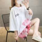 Elbow-sleeve Floral Print Tunic T-shirt