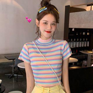 Mock-neck Striped Light Knit Top As Shown In Figure - One Size