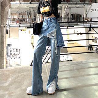 Inset Washed Distressed Wide Leg Jeans