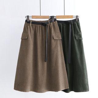 Belted Corduroy A-line Midi Cargo Skirt