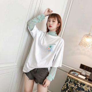 Long-sleeve Turtleneck T-shirt Light Blue - One Size