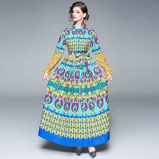 Long-sleeve Pattern A-line Maxi Dress