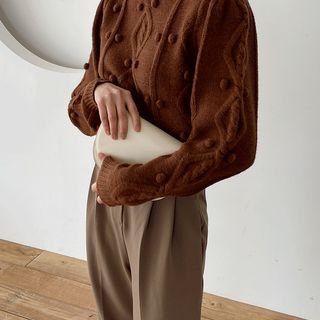 Mock-neck Pompom Detail Knit Top