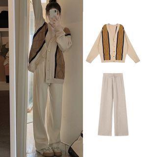 Color Block Argyle Button-up Cardigan / Drawstring Waist Plain Knit Loose-fit Pants