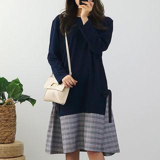 Beribboned Plaid Mock Two-piece Dress