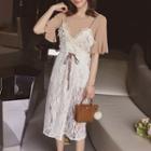 Set: Short-sleeve Ruffle Trim T-shirt Dress + Strappy Lace Dress