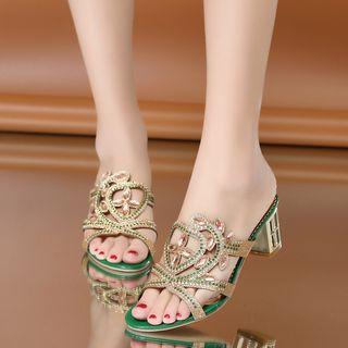 Chunky-heel Peep-toe Rhinestone Mule Sandals