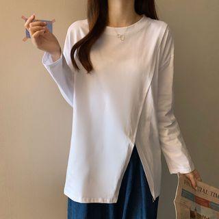 Long-sleeve Round-neck Open-side T-shirt