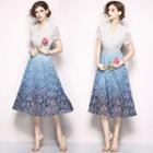 Short-sleeve Gradient Lace Midi A-line Dress