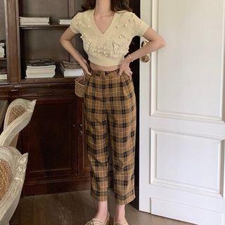 V-neck Pom Pom Short-sleeve Knit Top / High Waist Wide-leg Pants