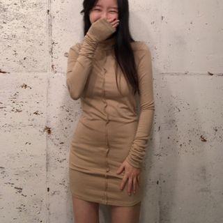 Plain Turtle-neck Long-sleeve Slim-fit Mini Dress Khaki - One Size