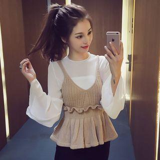 Set: Bell-sleeve Chiffon Blouse + Knit Peplum Top