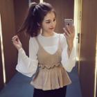 Set: Bell-sleeve Chiffon Blouse + Knit Peplum Top