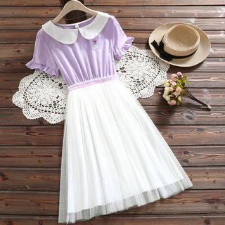 Short-sleeve Embroidere Mesh-panel Dress