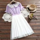 Short-sleeve Embroidere Mesh-panel Dress