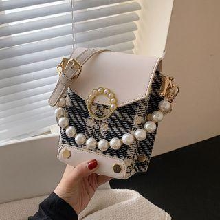 Faux Pearl Plaid Panel Crossbody Bag