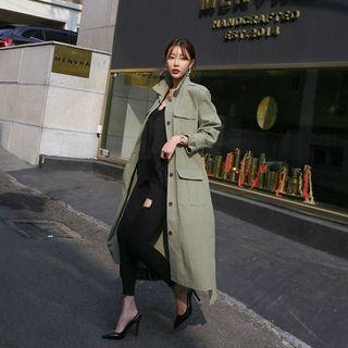 Linen Blend Maxi Military Coat With Sash