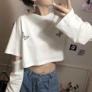 Long-sleeve Butterfly Printed Cutout T-shirt