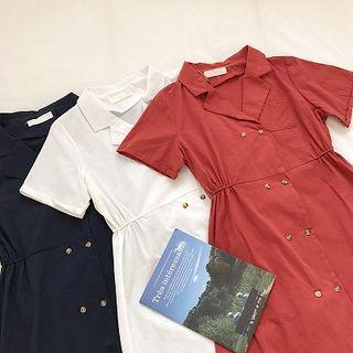 Plain Double-breasted Short-sleeve Shirtdress