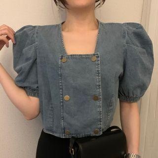 Denim Puff Sleeve Blouse Denim Blue - One Size