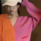 V-neck Two-tone Cropped Cardigan As Shown In Figure - One Size