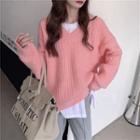 Long-sleeve Plain V-neck Knit Sweater / Long-sleeve Plain T-shirt