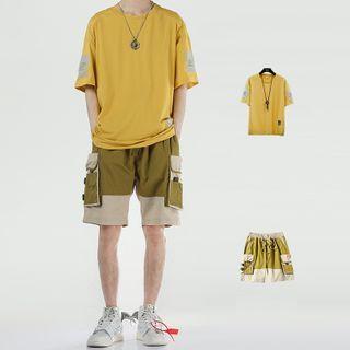 Set: Elbow-sleeve T-shirt + Color Panel Cargo Shorts