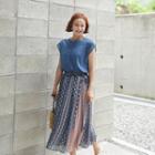 Pleated-panel Patterned Long Wrap Skirt Blue - One Size