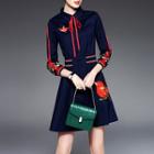 Embroidered 3/4-sleeve A-line Shirt Dress
