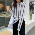 Long-sleeve Striped Knit Top Striped - White & Blue - One Size