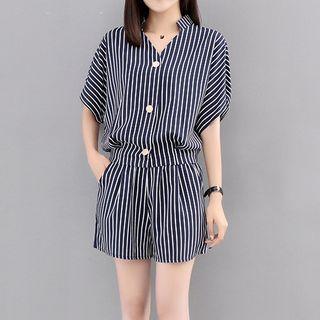 Set: V-neck Striped Short-sleeve Blouse + Striped Shorts