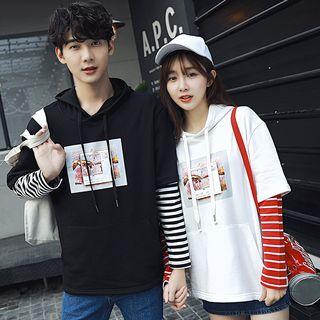Couple Matching Print Stripe Mock Two-piece Hoodie