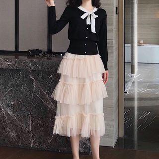 Tie-neck Cardigan / Tiered Midi Mesh Skirt