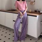 Short-sleeve Plain T-shirt / Plaid Straight-fit Pants