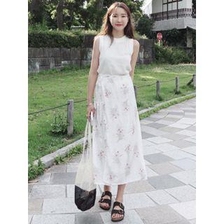 Wrap-front Floral Print Long Skirt