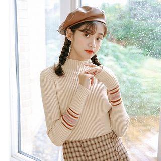 Color-block Mock-neck Slim-fit Long-sleeve Knit Top
