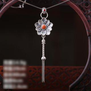 Retro Flower Pendant Necklace Tangerine & Silver - One Size