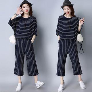 Set: Striped 3/4-sleeve T-shirt + Crop Wide Leg Pants