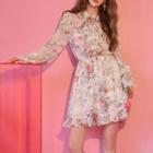 Long-sleeve Floral Print Ruffled Chiffon Dress As Shown In Figure - One Size