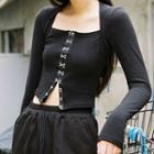 Long-sleeve Square-neck Button-up Cropped T-shirt