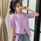 Short-sleeve Plain Asymmetric Lace-up Top